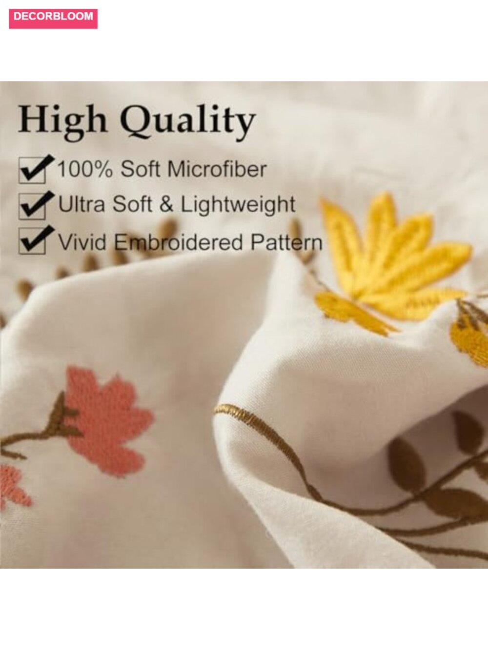 Embroidered Floral Pillowcases Set of 2, 100% Washed Microfiber, Boho Chic, - Picture 2 of 6